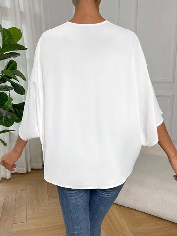 Solid Batwing Sleeve Wrap Detail Blouse