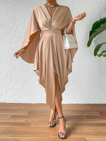 Solid Cloak Sleeve Asymmetrical Hem Dress