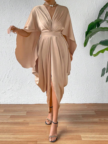 Solid Cloak Sleeve Asymmetrical Hem Dress