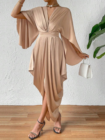 Solid Cloak Sleeve Asymmetrical Hem Dress