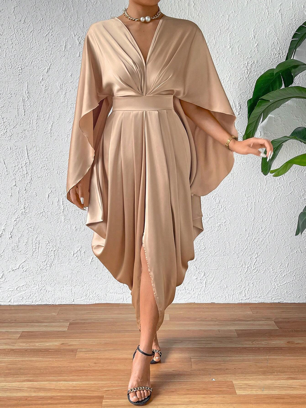 Solid Cloak Sleeve Asymmetrical Hem Dress