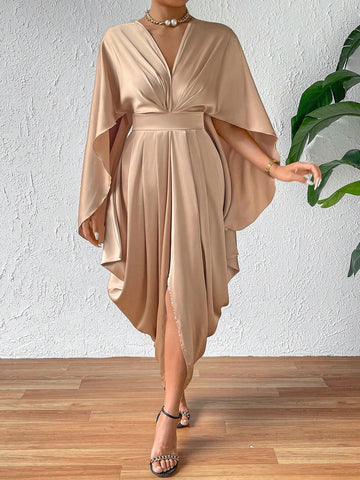 Solid Cloak Sleeve Asymmetrical Hem Dress