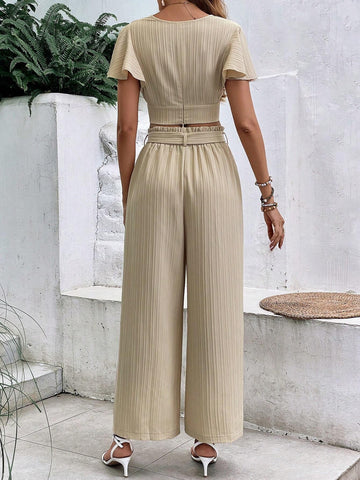 Butterfly Sleeve Crop Top & Belted Wide Leg Pants