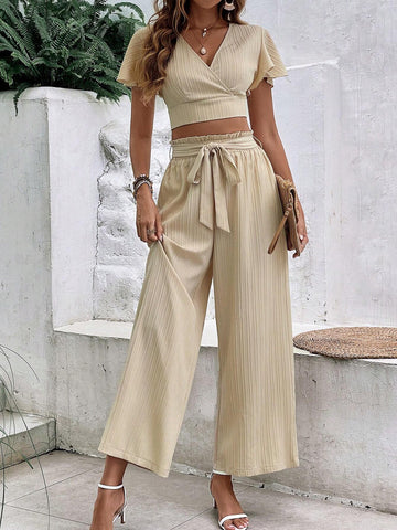 Butterfly Sleeve Crop Top & Belted Wide Leg Pants