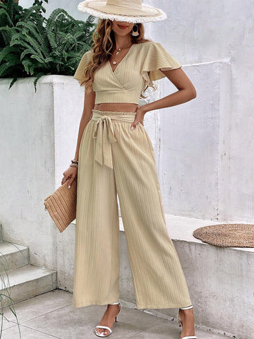 Butterfly Sleeve Crop Top & Belted Wide Leg Pants