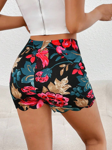 Floral Print Scallop Trim Biker Shorts