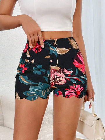 Floral Print Scallop Trim Biker Shorts