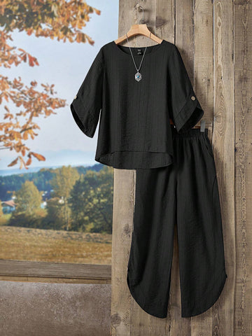 EMERY ROSE Solid Blouse & Asymmetrical Hem Pants