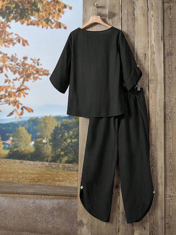 EMERY ROSE Solid Blouse & Asymmetrical Hem Pants