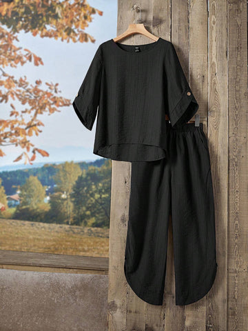 EMERY ROSE Solid Blouse & Asymmetrical Hem Pants