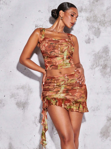 Floral Print Crop Tank Top & Ruffle Hem Skirt