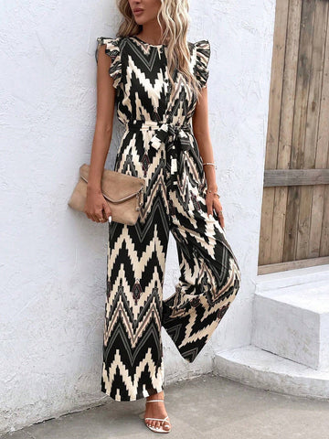 Chevron Print Ruffle Trim Belted Jumpsuit
