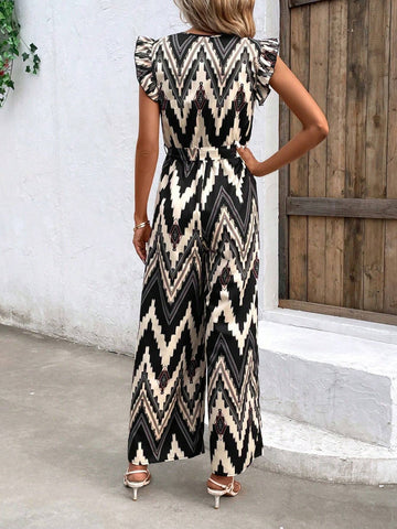 Chevron Print Ruffle Trim Belted Jumpsuit