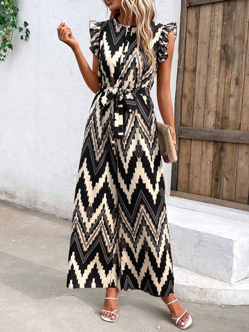 Chevron Print Ruffle Trim Belted Jumpsuit
