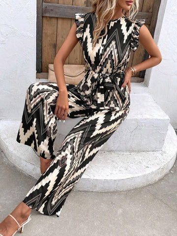 Chevron Print Ruffle Trim Belted Jumpsuit