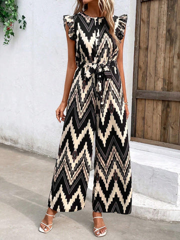 Chevron Print Ruffle Trim Belted Jumpsuit