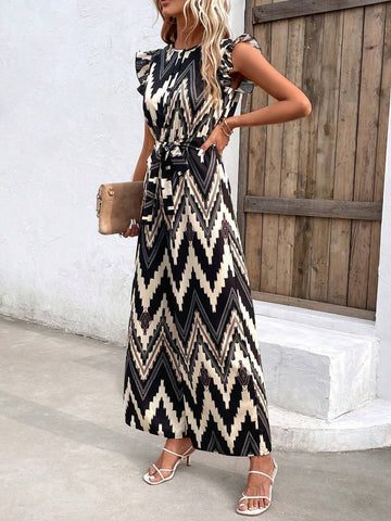 Chevron Print Ruffle Trim Belted Jumpsuit