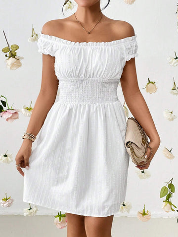 Off Shoulder Frill Trim Ruched Bust Dress
