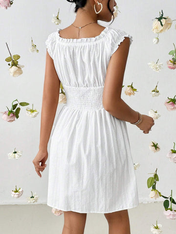 Off Shoulder Frill Trim Ruched Bust Dress