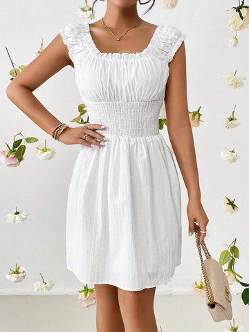 Off Shoulder Frill Trim Ruched Bust Dress