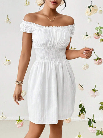 Off Shoulder Frill Trim Ruched Bust Dress