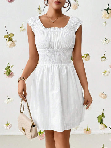 Off Shoulder Frill Trim Ruched Bust Dress