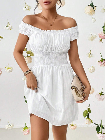 Off Shoulder Frill Trim Ruched Bust Dress