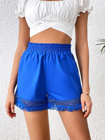 VCAY Contrast Guipure Lace Fringe Hem Shorts