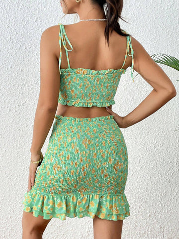 Ditsy Floral Print Tie Shoulder Cami Top & Ruffle Hem Skirt