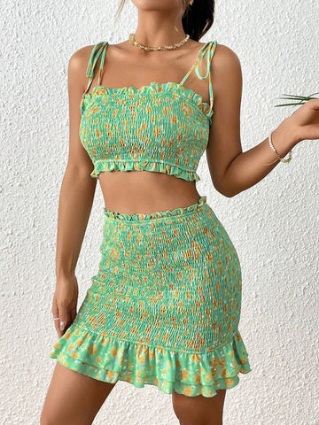 Ditsy Floral Print Tie Shoulder Cami Top & Ruffle Hem Skirt