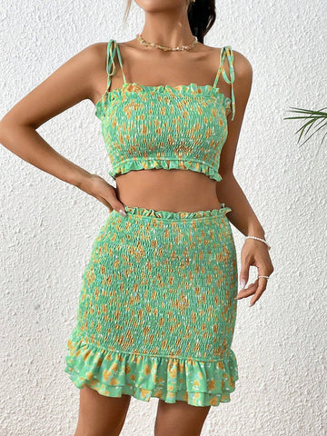 Ditsy Floral Print Tie Shoulder Cami Top & Ruffle Hem Skirt