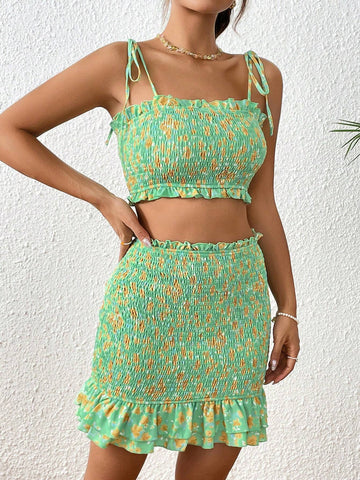 Ditsy Floral Print Tie Shoulder Cami Top & Ruffle Hem Skirt