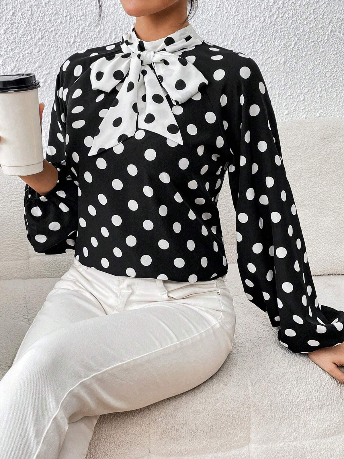 Polka Dot Tie Neck Lantern Sleeve Blouse
