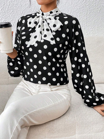 Polka Dot Tie Neck Lantern Sleeve Blouse