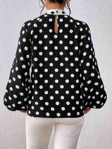 Polka Dot Tie Neck Lantern Sleeve Blouse