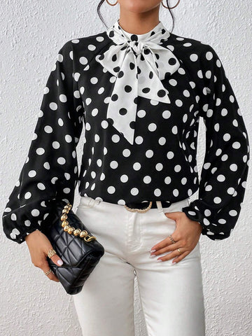 Polka Dot Tie Neck Lantern Sleeve Blouse