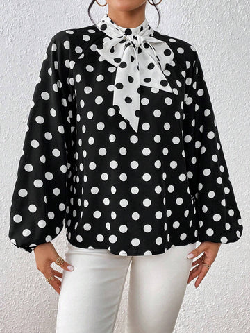 Polka Dot Tie Neck Lantern Sleeve Blouse