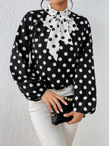 Polka Dot Tie Neck Lantern Sleeve Blouse