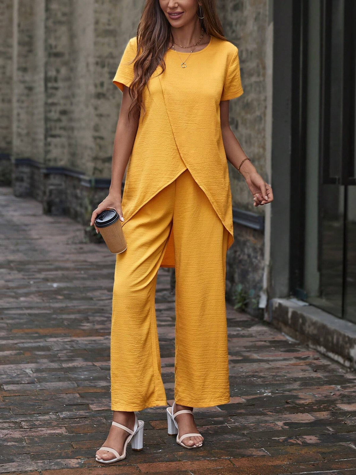 Solid Tulip Hem Top & Wide Leg Pants