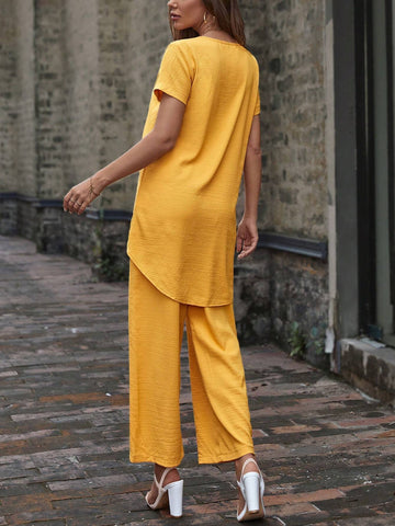 Solid Tulip Hem Top & Wide Leg Pants