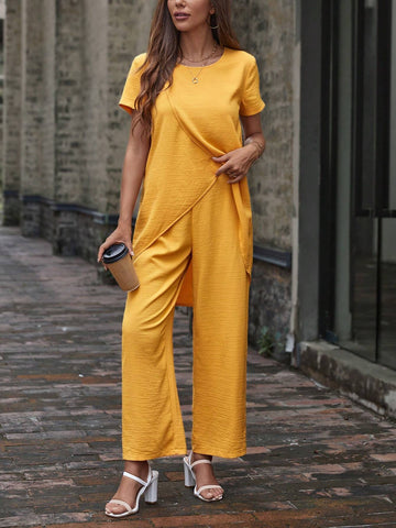 Solid Tulip Hem Top & Wide Leg Pants