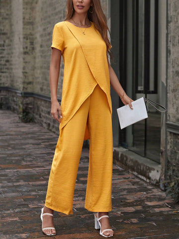 Solid Tulip Hem Top & Wide Leg Pants