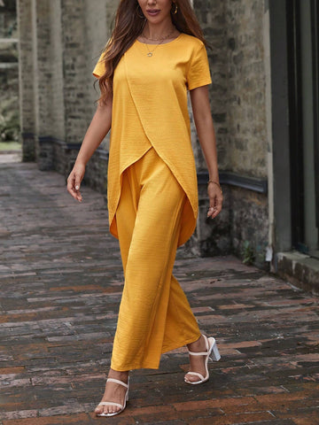 Solid Tulip Hem Top & Wide Leg Pants