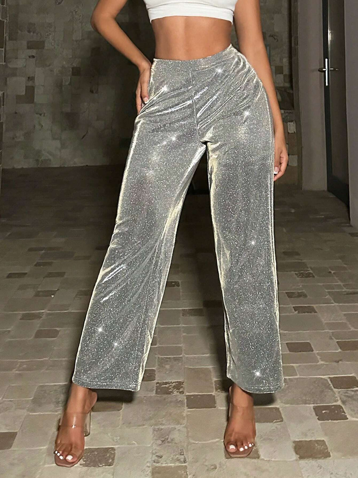 SXY High Waist Glitter Straight Leg Pants