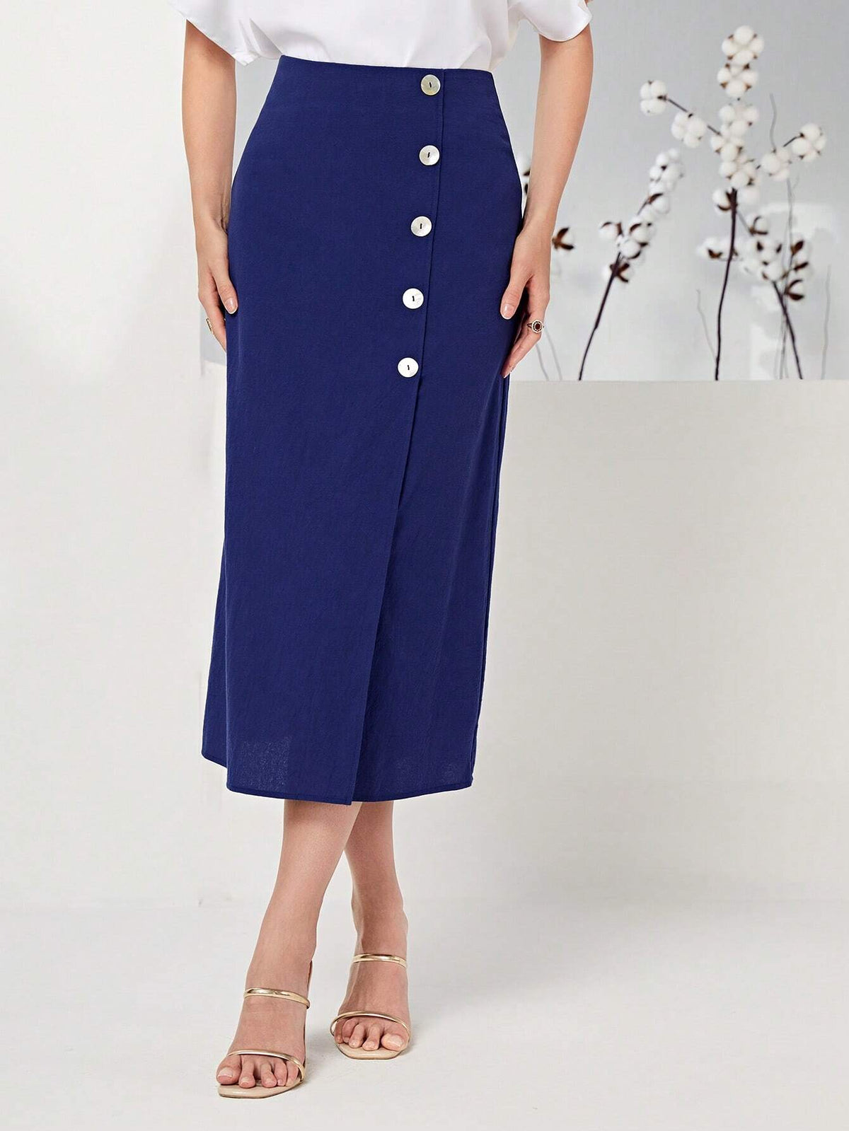 Modely 100% Cotton Button Front Solid Skirt
