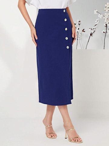 Modely 100% Cotton Button Front Solid Skirt