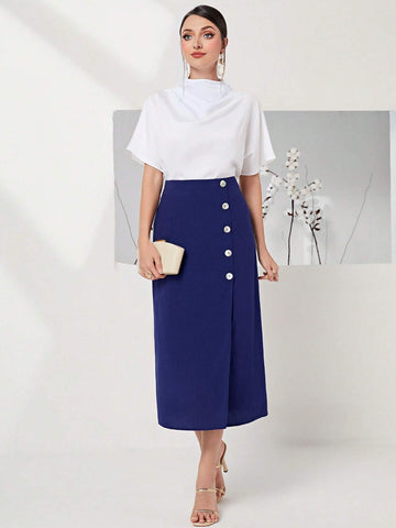 Modely 100% Cotton Button Front Solid Skirt