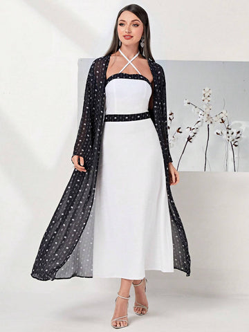Graphic Print Halter Dress & Open Front Coat