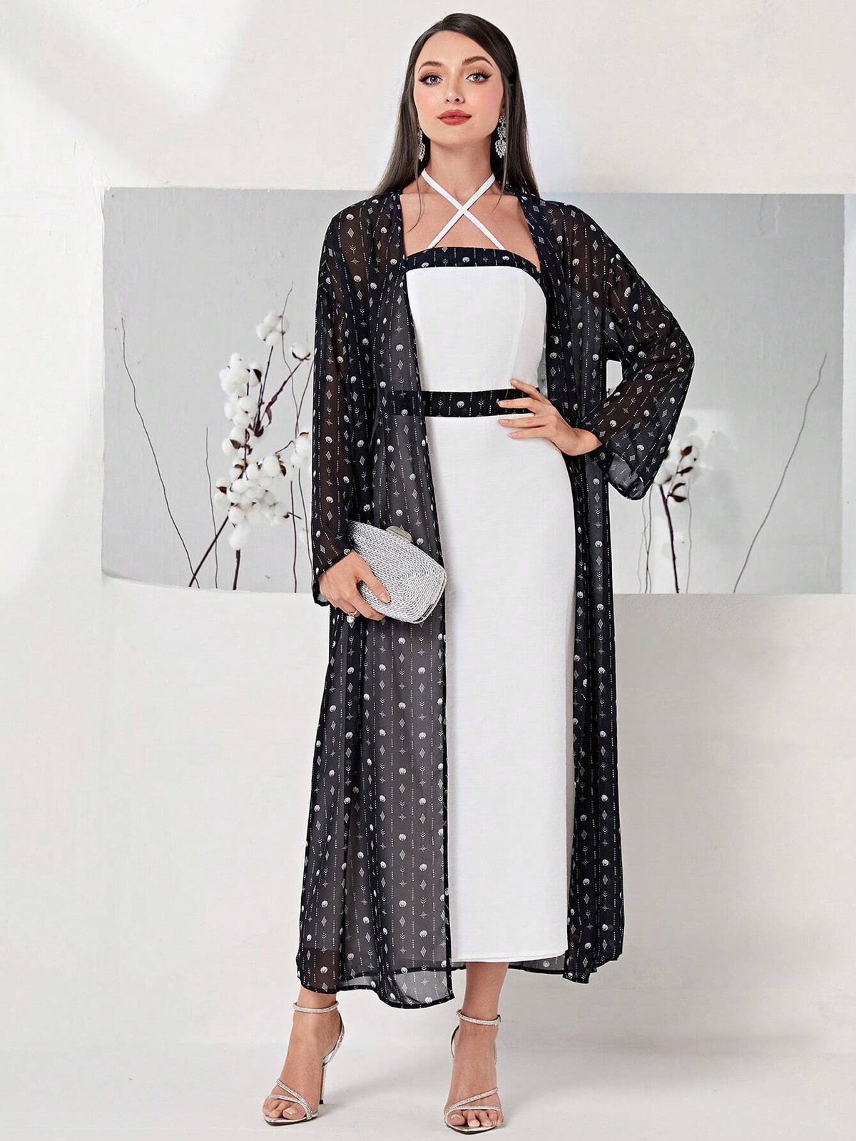 Graphic Print Halter Dress & Open Front Coat