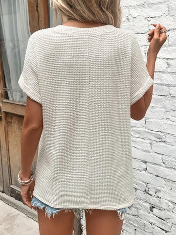 Half Button Batwing Sleeve Waffle Knit Tee